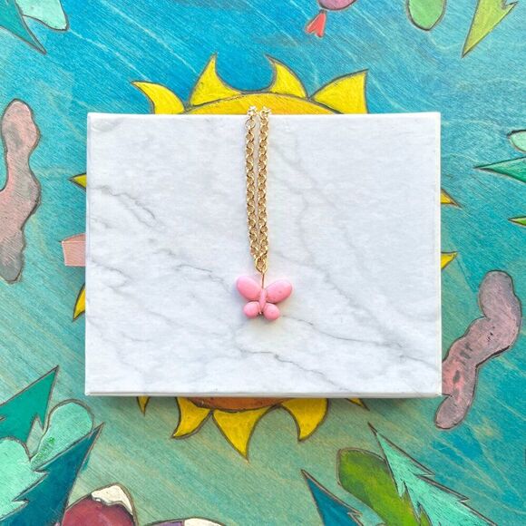 Pink Butterfly Charm Gold Chain Necklace - Picture 4 of 5